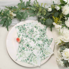 50-Pack Paper Beverage Napkins with Green Foliage Eucalyptus Leaves Design - 2 Ply Soft 18GSM Boho Wedding Napkins 6.5"x6.5"
