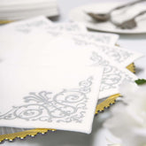 20 Pack Linen-Like Paper 5"x5" Napkins White - Silver Fleur Vintage Design - Classy Airlaid Cocktail Napkins for Events