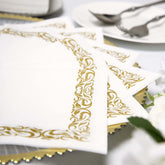 20 Pack Linen-Like Paper 5"x5" Napkins White with Gold Scroll Floral Design - Soft & Absorbent Airlaid Party Napkins