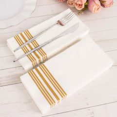 20-Pack Paper Guest Towels White Linen-Like with Gold Lines - Disposable Airlaid Napkins for Formal and Casual Use 8"x4"