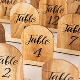 20-Pack Natural Wooden Table Numbers 1-20 Rustic Arch Design with Removable Base - Ideal for Banquets and Receptions 4.5"