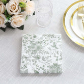 20-Pack Paper Cocktail Napkins with French Toile Print White/Sage Green - Disposable 2 Ply Beverage Napkins for Events 5"x5"