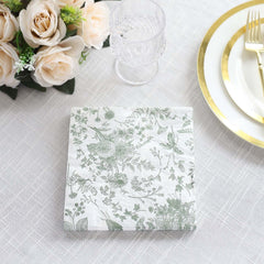 20-Pack Paper Cocktail Napkins with French Toile Print White/Sage Green - Disposable 2 Ply Beverage Napkins for Events 5"x5"