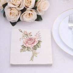 50-Pack Paper Beverage Napkins with Pink Floral Design Ivory - 2 Ply Soft 18GSM Rose Garden Wedding Napkins 6.5"x6.5"