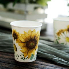 24-Pack Paper Cups in White with Yellow Sunflower Print - Stylish Disposable Party Cups for Hot & Cold Beverages 10oz