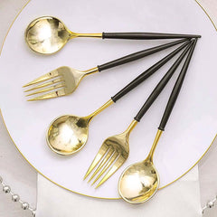 24-Pack Plastic Fork and Spoon Set Gold/Black - Heavy Duty Disposable Modern Utensils 6"