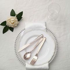 24-Pack Plastic Silverware Set with Hammered Design Rose Gold - Heavy Duty Disposable Utensils 7"