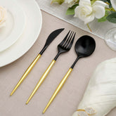 24-Pack Plastic Flatware Set in Black with Gold Handle - Heavy Duty Disposable Modern Silverware 8"