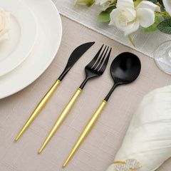 24-Pack Plastic Flatware Set in Black with Gold Handle - Heavy Duty Disposable Modern Silverware 8"