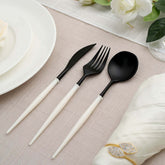 24-Pack Plastic Flatware Set in Black with Ivory Handle - Heavy Duty Disposable Modern Silverware 8"