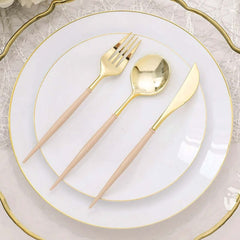 24-Pack Plastic Flatware Set in Metallic Gold with Beige Handle - Heavy Duty Disposable Modern Silverware 8"