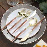 24-Pack Plastic Flatware Set in Metallic Gold with Brown Handle - Heavy Duty Disposable Modern Silverware 8"