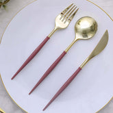 24 Pack 8" Metallic Gold With Cinnamon Rose Disposable Silverware Set, Modern Premium Plastic Utensil Set