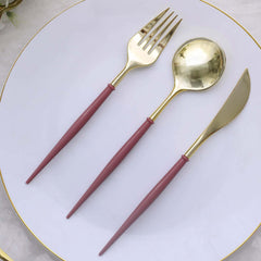 24 Pack 8" Metallic Gold With Cinnamon Rose Disposable Silverware Set, Modern Premium Plastic Utensil Set