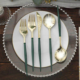 24-Pack Plastic Flatware Set in Metallic Gold with Hunter Emerald Green Handle - Heavy Duty Disposable Modern Silverware 8"