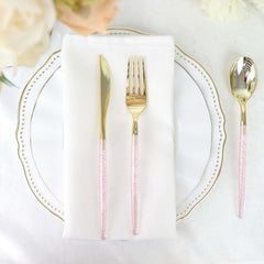 24-Pack Plastic Cutlery Set Metallic Gold with Rose Gold Glitter - Stylish Disposable Silverware-Pack 8"