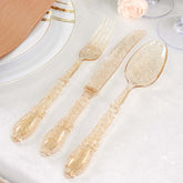 24-Pack Plastic Utensil Set Clear with Gold Glitter - Heavy Duty Disposable Silverware for Events