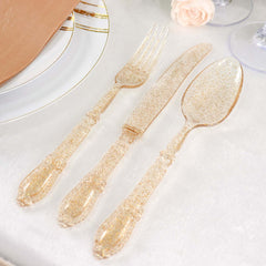 24-Pack Plastic Utensil Set Clear with Gold Glitter - Heavy Duty Disposable Silverware for Events