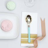 24-Pack Plastic Spoons with Light Blue Handle Gold - Heavy Duty Disposable Silverware 7"