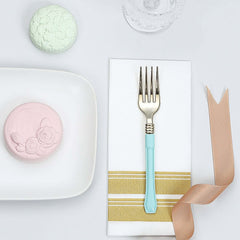 24-Pack Plastic Forks Gold with Light Blue Handles - Durable Food Safe Disposable Silverware for Lunch Buffets & Catering Services 7"