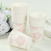 24 Pack Disposable Paper Cups in White Pink French Toile Pattern, Elegant Party Cups - 9oz