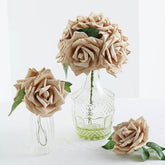 24 Roses 5" Champagne Artificial Foam Flowers With Stem Wire and Leaves