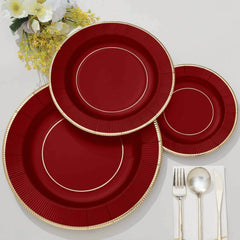 25-Pack Paper 10" Round Dinner Plates in Burgundy Sunray Design with Gold Rim - Disposable Heavy Duty 350GSM Party Plates