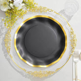 25-Pack Paper Round Dinner Plates 10" Matte Black with Gold Wavy Rim - Disposable 350GSM Party Plates