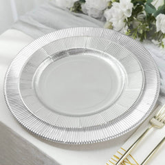 25-Pack Paper 10" Round Dinner Plates in Metallic Silver Sunray Design - Disposable Heavy Duty 350GSM Party Plates