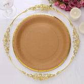25-Pack Kraft Paper 10" Round Dinner Plates in Natural Brown with Gold Lined Rim - Disposable Party Plates for Rustic & Vintage Inspired Events