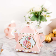25 Pack 4" Dusty Rose Mini Teapot Favor Boxes, Vintage Rose Gift Boxes with Ribbons