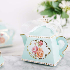 25 Pack 4" Light Turquoise Mini Teapot Favor Boxes, Vintage Rose Gift Boxes with Ribbons