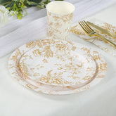 25-Pack Paper 7" Round Dessert Plates in White with Gold French Toile Pattern - Disposable Floral Salad Appetizer Plates for Chic Event Decor
