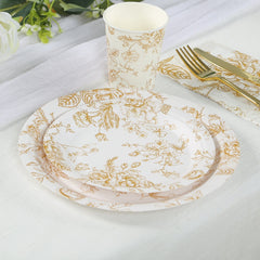 25-Pack Paper 7" Round Dessert Plates in White with Gold French Toile Pattern - Disposable Floral Salad Appetizer Plates for Chic Event Decor