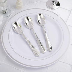 25-Pack Plastic Spoons Light Silver Heavy Duty with Fluted Handles - Reliable Disposable Cutlery 7"