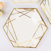 25-Pack Paper 7" Hexagon Dessert Plates in White with Gold Geometric Lines & Rim - Stylish Disposable Geometric 300GSM Appetizer Salad Plates for Events & Banquets