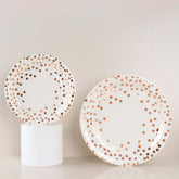 25 Pack 7" White Rose Gold Polka Dot Dessert Appetizer Paper Plates, Disposable Salad Party Plates - 300 GSM