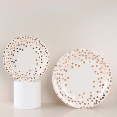25 Pack 7" White Rose Gold Polka Dot Dessert Appetizer Paper Plates, Disposable Salad Party Plates - 300 GSM