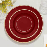 25-Pack Paper 8" Round Dessert Plates in Burgundy Sunray Design with Gold Rim - Disposable Heavy Duty 350GSM Appetizer Salad Plates