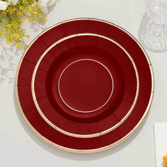 25-Pack Paper 8" Round Dessert Plates in Burgundy Sunray Design with Gold Rim - Disposable Heavy Duty 350GSM Appetizer Salad Plates