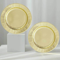 25-Pack Paper 8" Round Dessert Plates in Metallic Gold Sunray Design - Disposable Heavy Duty 350GSM Appetizer Salad Plates