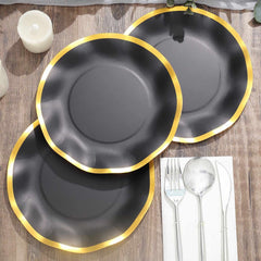 25-Pack Paper Round Dessert Plates 8" Matte Black with Gold Wavy Rim - Disposable 350GSM Salad Plates