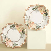 25-Pack Paper 8" Dessert Plates in White with Floral Print & Rose Gold Scallop Rim - Disposable 300GSM Appetizer Salad Plates