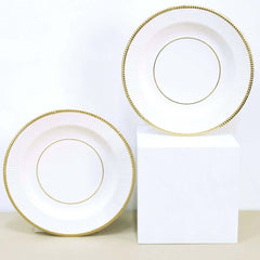 25-Pack Paper 8" Round Dessert Plates in White Sunray Design with Gold Rim - Disposable Heavy Duty 350GSM Appetizer Salad Plates for Banquets & Celebrations