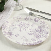 25-Pack Paper 9" Round Dinner Plates in White with Matte Lavender French Toile Pattern - Disposable Floral Party Plates
