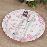 25-Pack Paper 9" Round Dinner Plates in White with Matte Pink French Toile Pattern - Disposable Floral Party Plates