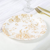 25-Pack Paper 9" Round Dinner Plates in White with Gold French Toile Pattern - Disposable Floral Party Plates for Stylish Events