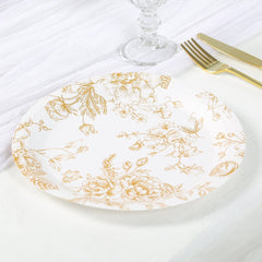 25-Pack Paper 9" Round Dinner Plates in White with Gold French Toile Pattern - Disposable Floral Party Plates for Stylish Events