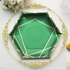 25-Pack Paper 9" Hexagon Dinner Plates in Hunter Emerald Green with Gold Geometric Lines & Rim - Stylish Disposable Geometric 300GSM Party Plates