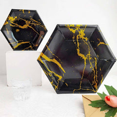 25-Pack Paper 12" Hexagon Dinner Plates in Black with Gold Marble Design - Disposable Geometric 400GSM Party Plates for Events & Banquets